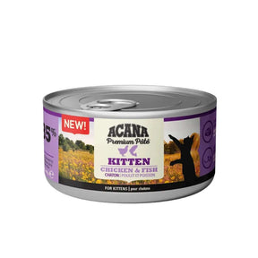 Acana Kitten Premium Pâté Chicken & Fish in Bone Broth Wet Cat Food can with a playful kitten silhouette.