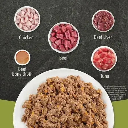 Acana Premium Pâté Beef in Bone Broth Wet Cat Food ingredients including chicken, beef, beef liver, tuna, and beef bone broth.