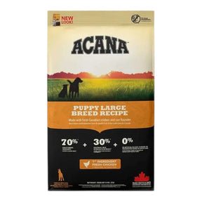 Acana Puppy Large Breed Dry Dog Food 17kg package featuring fresh Canadian chicken and raw fish ingredients.