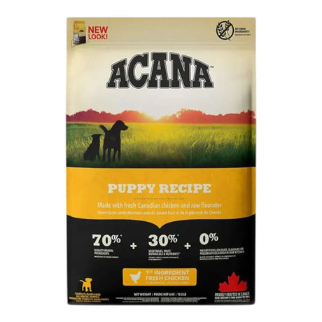 Acana Puppy Recipe Dry Dog Food package featuring fresh Canadian chicken and raw flounder ingredients.