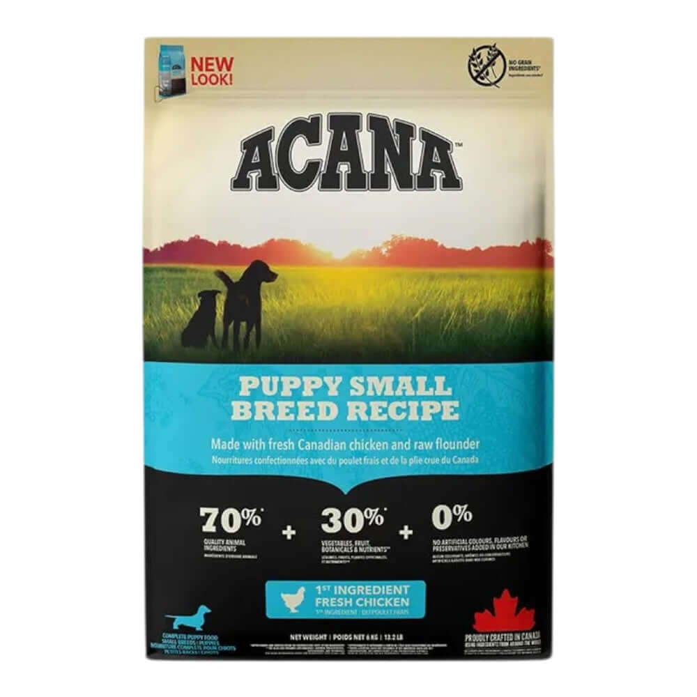 Acana Puppy Small Breed Recipe Dry Dog Food 2kg bag featuring fresh chicken ingredients and vibrant landscape.