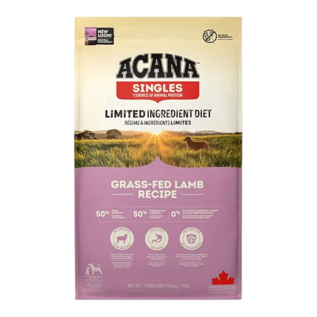 Acana Singles Grass Fed Lamb Dry Dog Food 11.4kg bag with limited ingredient diet information and grass-fed lamb recipe.