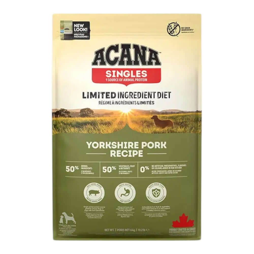 Acana Singles Yorkshire Pork Dry Dog Food 11.4kg bag showcasing limited ingredient diet and Yorkshire pork recipe.