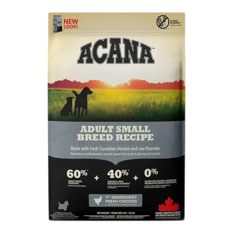 Acana Small Breed Adult Dry Dog Food bag featuring ingredients and nutritional benefits for small breed dogs.