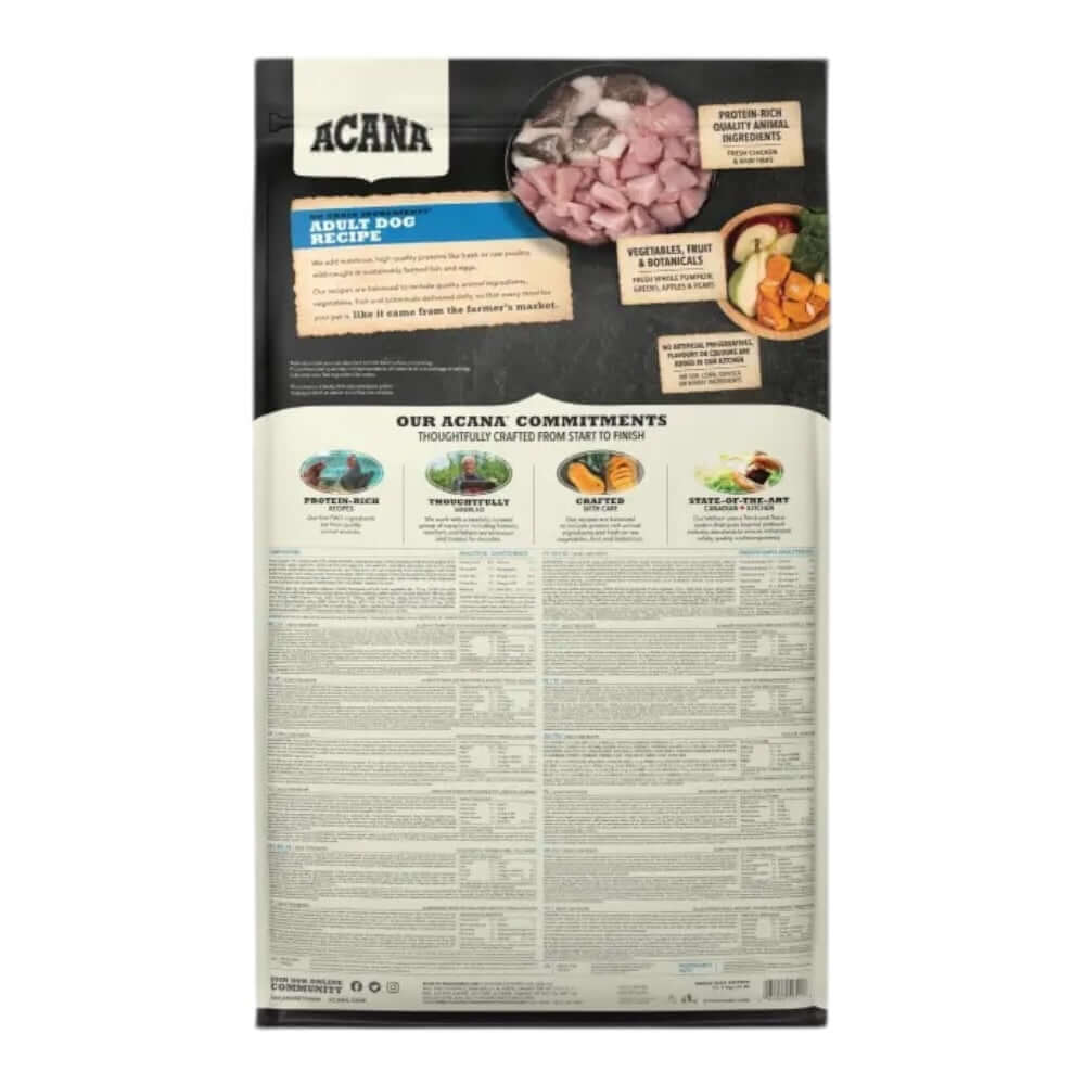 Acana Adult Dog Recipe Dry Dog Food 17kg packaging showing ingredients and nutritional information.