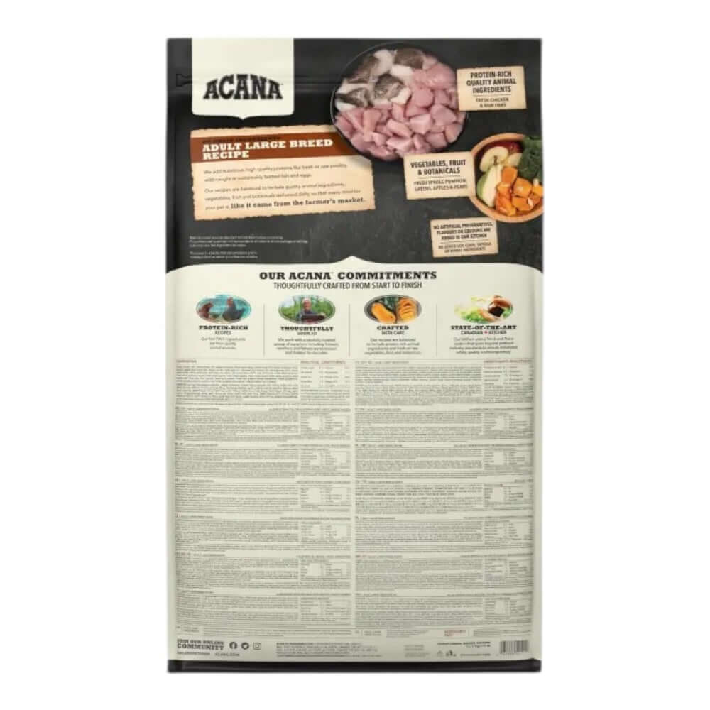 Acana Adult Large Breed Dry Dog Food 17kg bag showing ingredients and nutritional information on back.