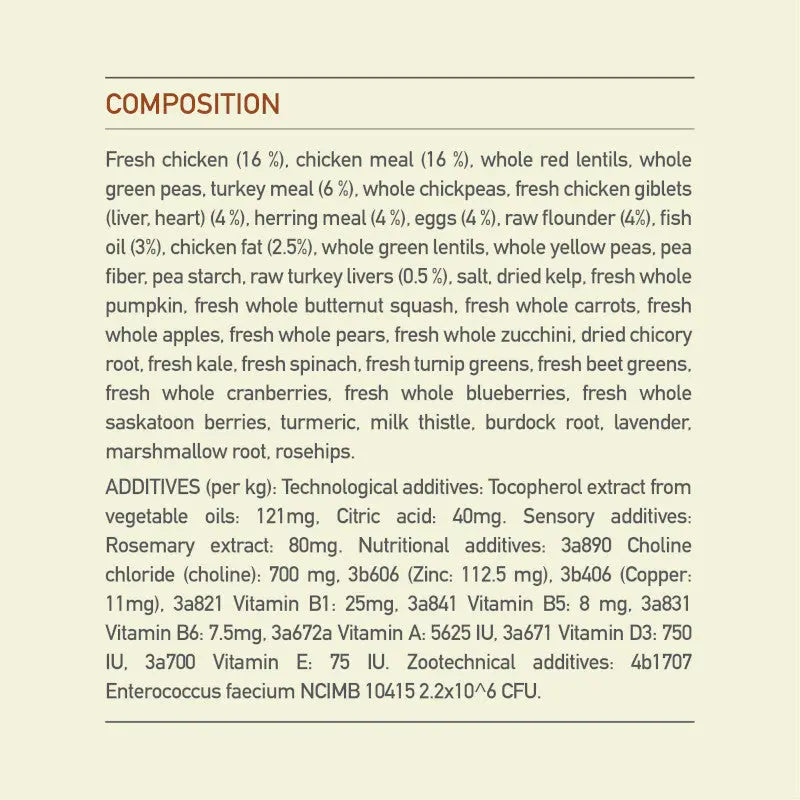 Acana Adult Large Breed Dry Dog Food 17kg ingredients composition list including fresh chicken, lentils, and vegetables.
