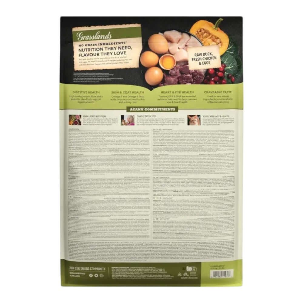 Acana Highest Protein Grasslands Dry Cat Food 1.8kg packaging features ingredients like duck, chicken, and eggs.