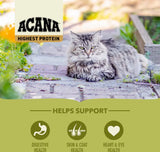 Acana Highest Protein Grasslands Dry Cat Food 1.8kg with a healthy cat outdoors in a natural setting.