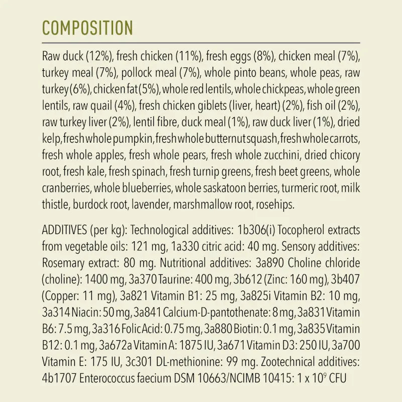 Composition list of Acana Highest Protein Grasslands Dry Cat Food 1.8kg, highlighting key ingredients and nutrients.
