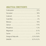Acana Highest Protein Grasslands Dry Cat Food 1.8kg analytical constituents table with protein, fat, and mineral content.