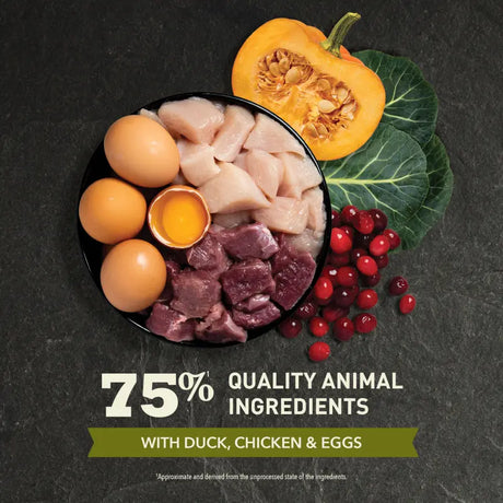 Acana Highest Protein Grasslands Dry Cat Food 1.8kg with 75% quality animal ingredients, including duck, chicken, and eggs.
