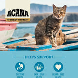 Acana Highest Protein Pacifica Dry Cat Food 1.8kg with cat on a boat promoting health benefits.