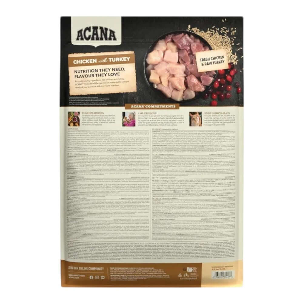 Acana Homestead Harvest Chicken and Turkey Adult Dry Cat Food packaging back with ingredients and nutritional information.