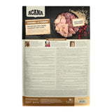Acana Homestead Harvest Chicken and Turkey Adult Dry Cat Food packaging back with ingredients and nutritional information.