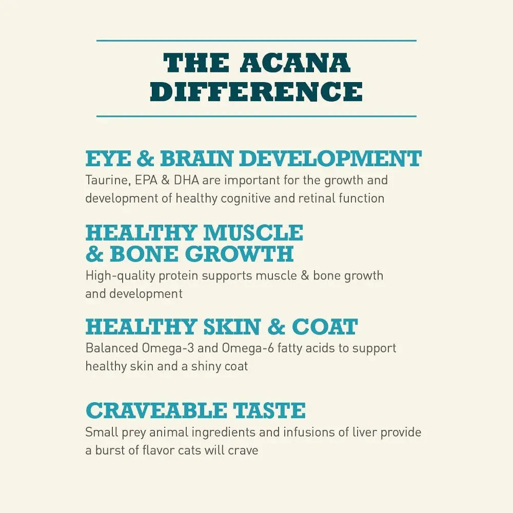 The Acana Difference highlights eye development, muscle growth, skin health, and craveable taste in cat nutrition.
