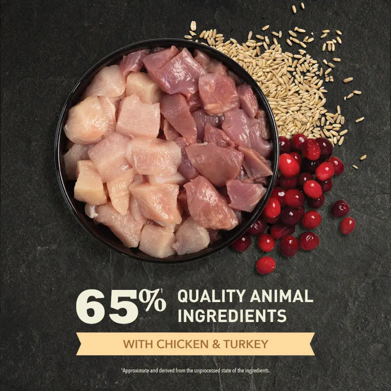 65% quality animal ingredients with chicken & turkey for Acana Homestead Harvest Chicken and Turkey Adult Dry Cat Food.