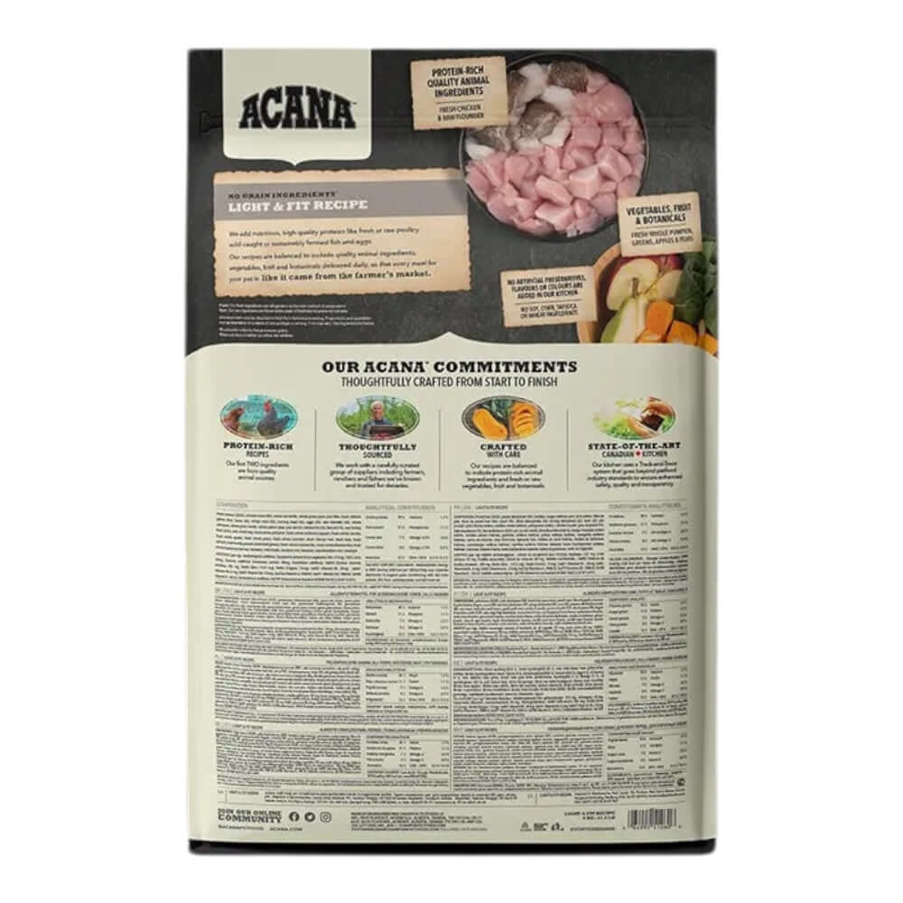 Acana Light and Fit Dry Dog Food packaging showcasing quality ingredients and nutritional information.