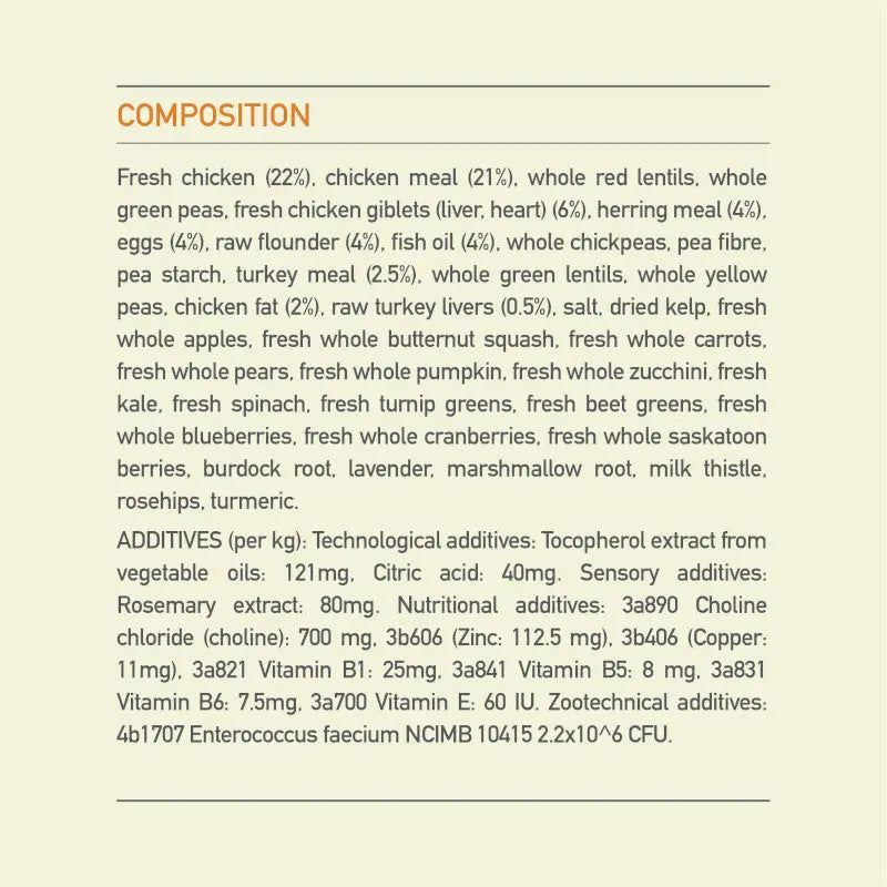 Acana Puppy Large Breed Dry Dog Food 17kg ingredients list highlighting fresh chicken and vegetables.