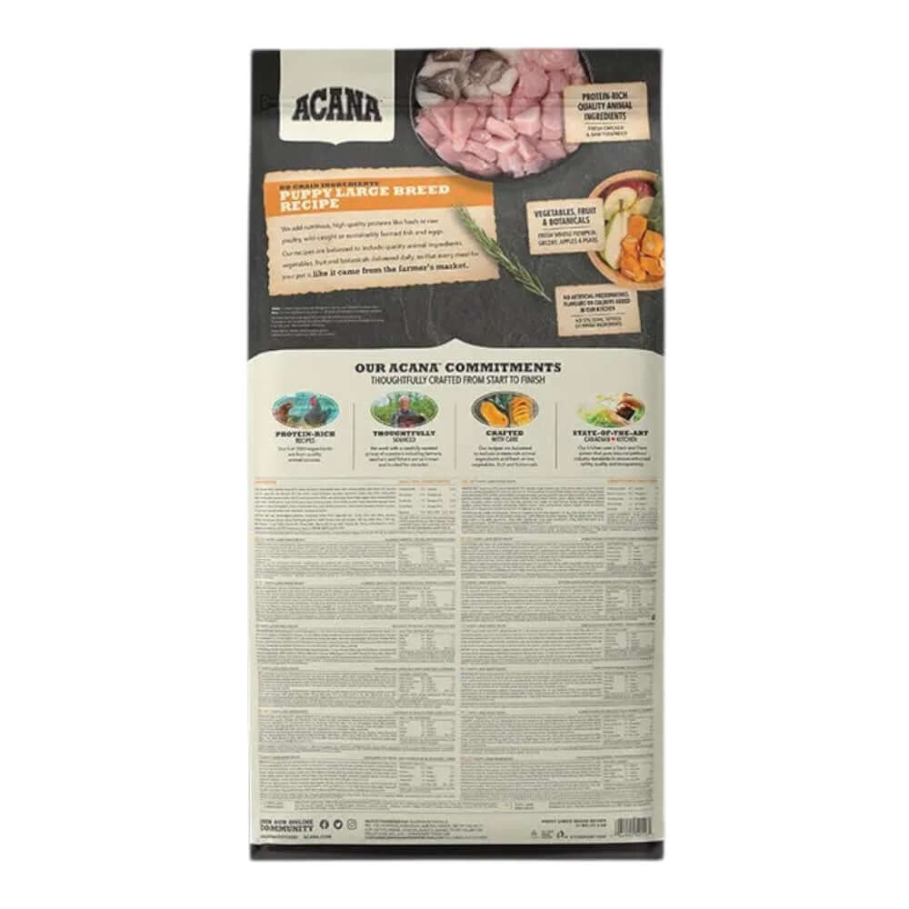 Acana Puppy Large Breed Dry Dog Food 17kg packaging with ingredient details and nutritional information.