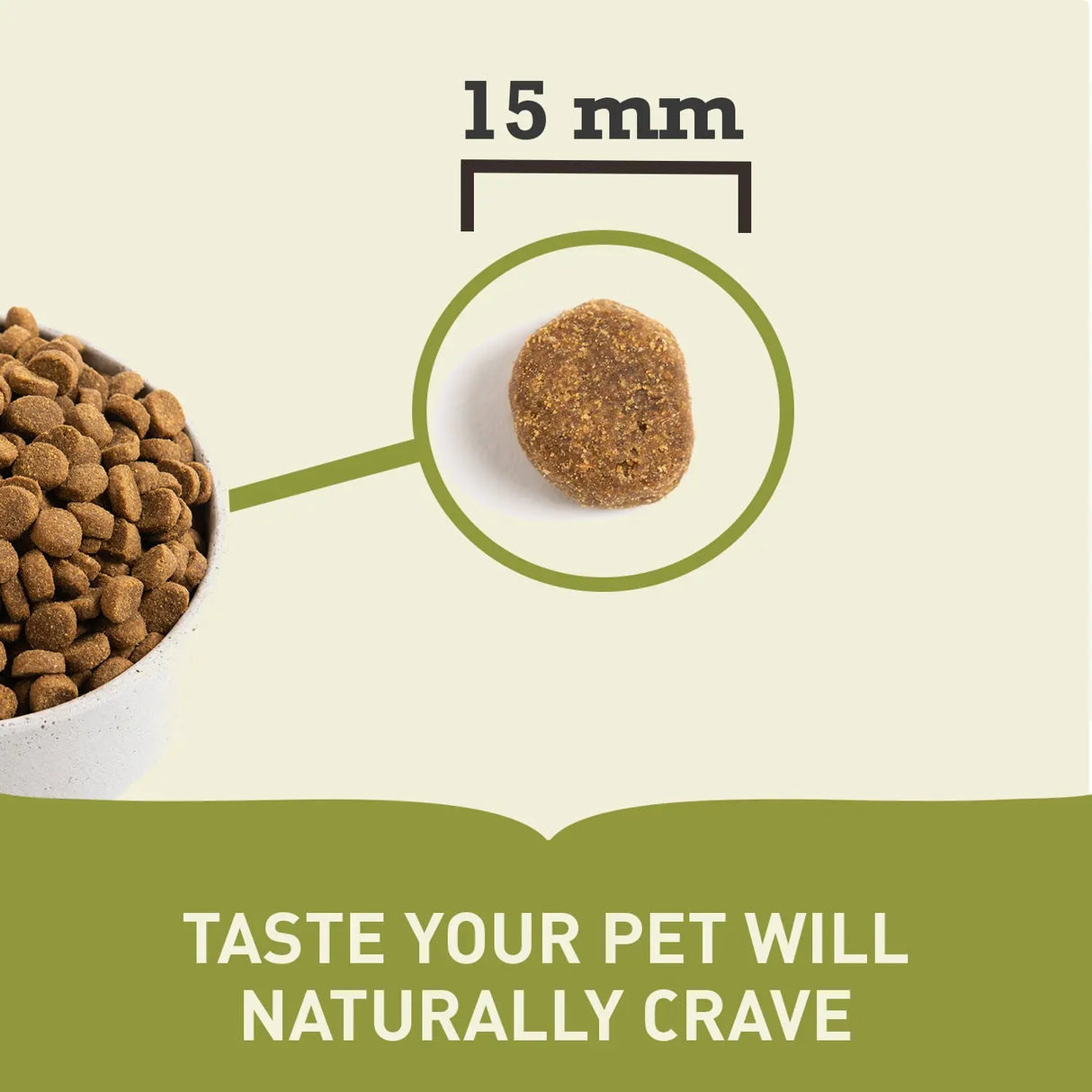 Acana Puppy Large Breed Dry Dog Food 17kg kibble size comparison of 15 mm highlighted on a bowl of dog food.