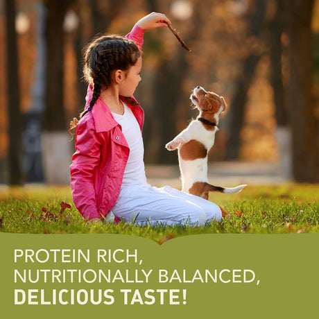 A girl with a puppy enjoying Acana Puppy Recipe Dry Dog Food, emphasizing protein-rich and balanced nutrition.