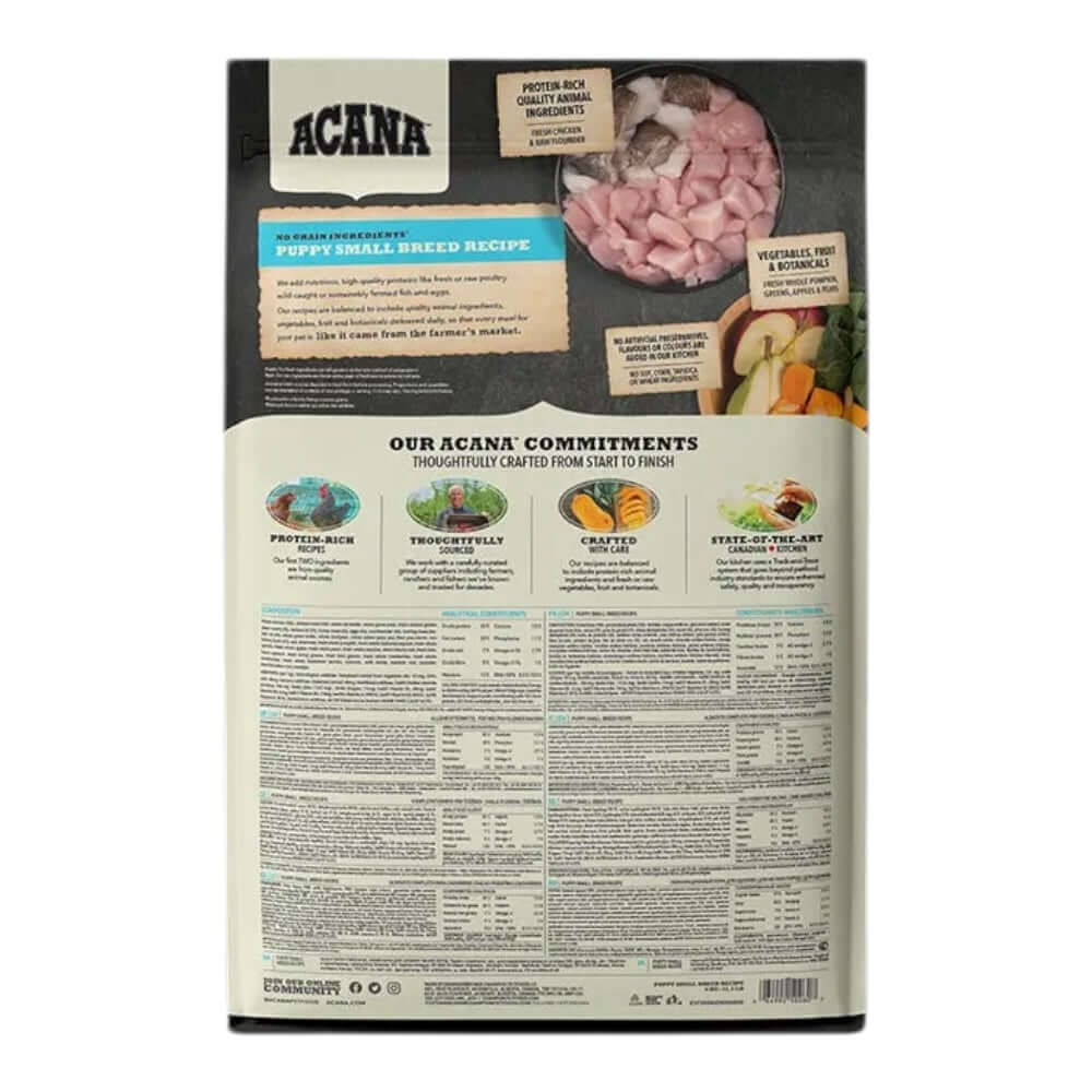 Acana Puppy Small Breed Recipe Dry Dog Food 2kg bag back view showing nutritional information and ingredients.