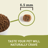 Acana Puppy Small Breed Recipe Dry Dog Food 2kg kibble piece size of 6.5 mm surrounded by dry dog food.