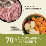 Acana Puppy Small Breed Recipe Dry Dog Food 2kg ingredients including chicken, wild flounder, apple, and pumpkin.
