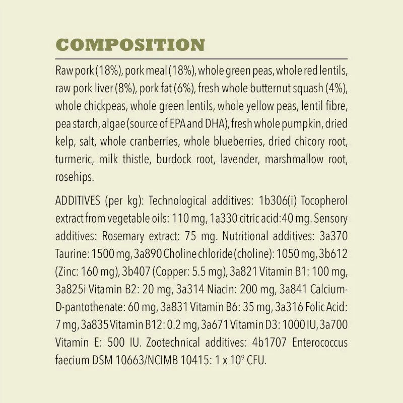 Acana Singles Yorkshire Pork Dry Dog Food 11.4kg composition ingredients list showing pork, peas, and various vegetables.