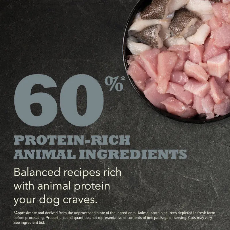 60% protein-rich animal ingredients in Acana Small Breed Adult Dry Dog Food with fresh meat for dogs.