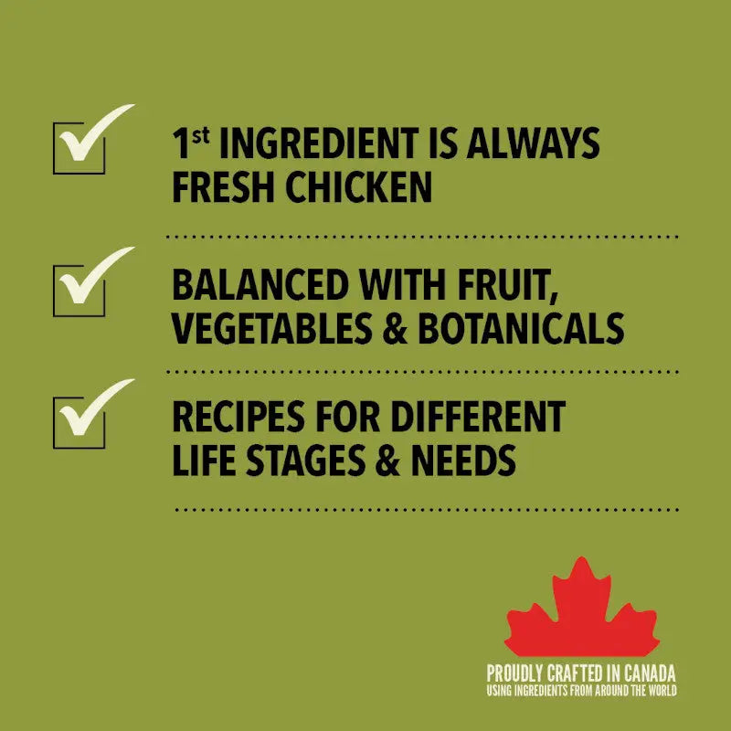 Acana Small Breed Adult Dry Dog Food benefits: fresh chicken, balanced with fruits and veggies, recipes for various life stages.