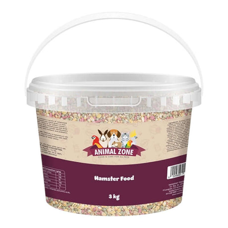 Animal Zone Hamster Food in a 3 kg bucket, featuring a blend of pellets and grains for a balanced diet.