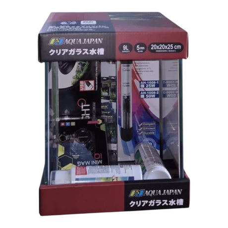 AquaJapan Starfire Aquarium Kit includes accessories for easy setup in a clear glass aquarium.