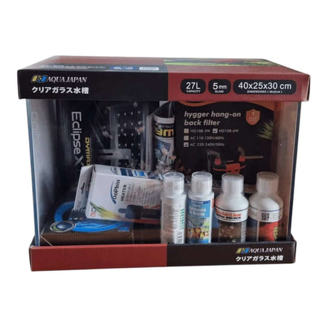 AquaJapan Starfire Aquarium Kit with 27L tank and essential accessories for aquarium setup.