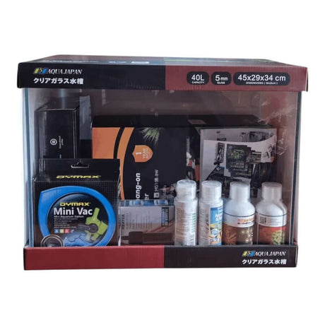 AquaJapan Starfire Aquarium Kit including accessories and water conditioner for aquarium setup 40L size.