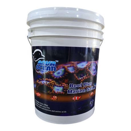 Aqua Ocean Reef Plus Marine Salt bucket for marine aquariums, enriched with vitamins and amino acids.
