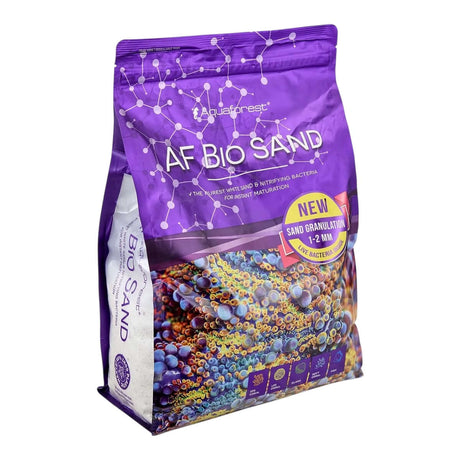 Aquaforest AF Bio Sand 10kg packaging with colorful sand granules for saltwater aquariums.