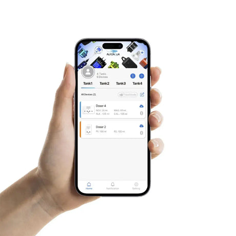 AutoAqua Smart Doser 4 Dosing Pump app interface displayed on a smartphone with multiple dosing tanks.