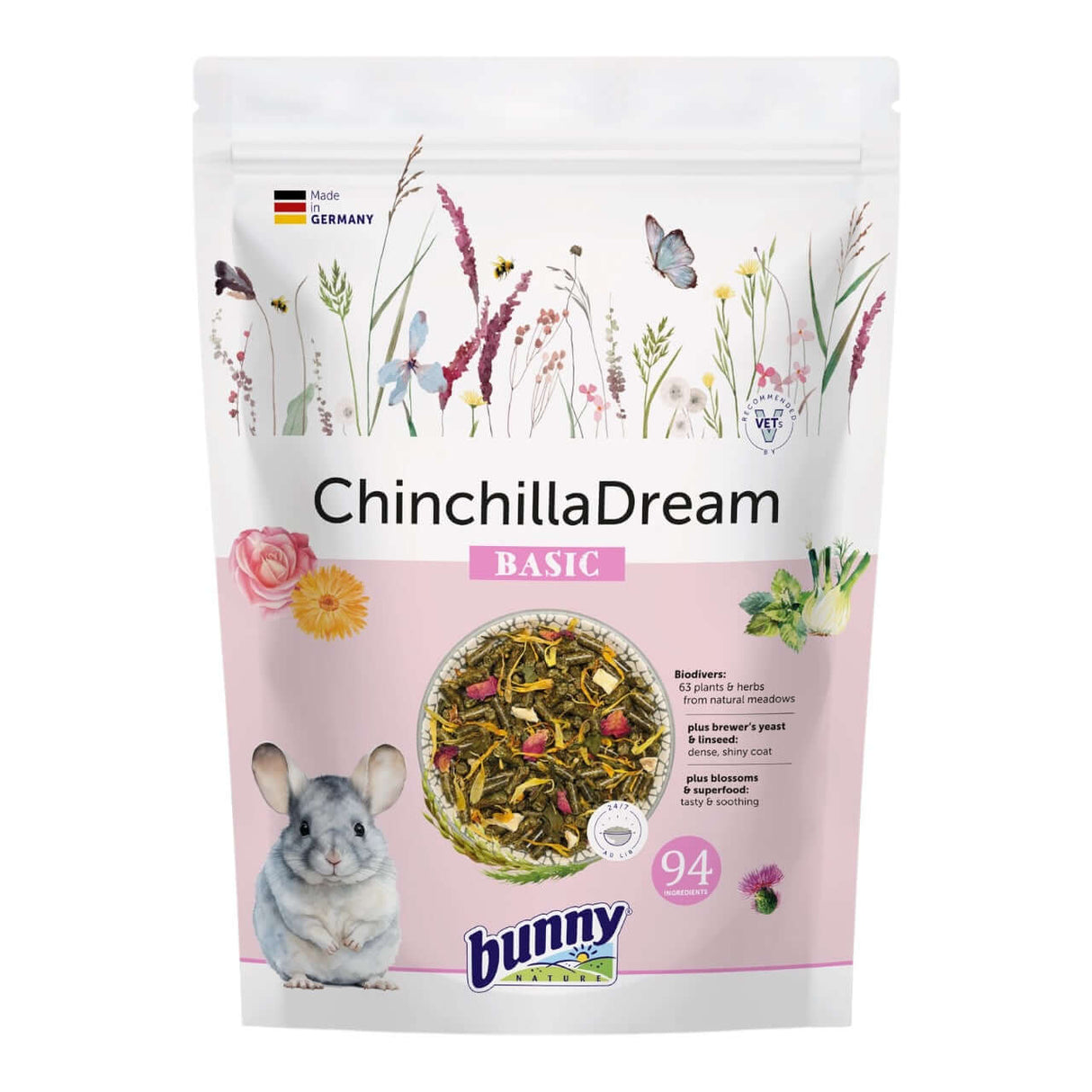 Bunny Nature Chinchilla Dream Basic packaging featuring a chinchilla and natural ingredients for balanced diet.