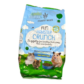 Burgess Country Values Fun Hamster Crunch 250g bag for hamsters, mice, and gerbils, nutritious nuggets made with peas.