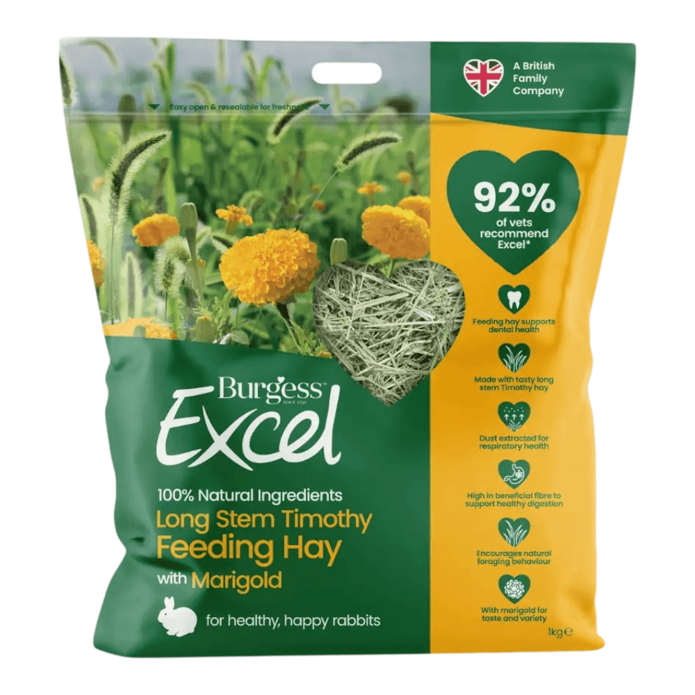 Burgess Excel Long Stem Feeding Hay with Marigold 1kg in eco-friendly packaging for healthy rabbits