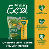 Burgess Excel Long Stem Feeding Hay with Marigold 1kg pack featuring marigold for flavor and high fiber content.