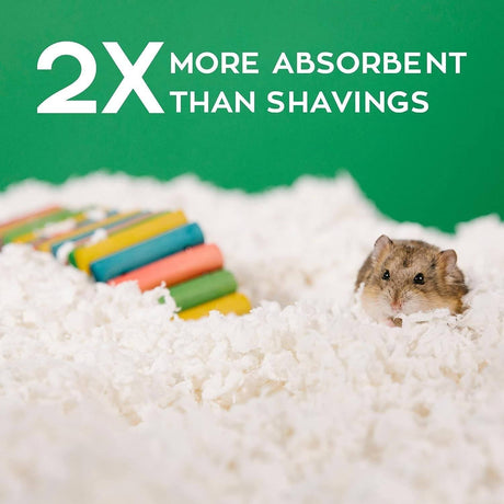 Carefresh Small Animal Paper Bedding provides a soft, absorbent habitat for small pets, shown with a hamster among the bedding.