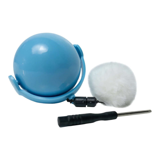 Blue cat rolling ball toy set with a fluffy pom-pom and screwdriver for engaging indoor play.