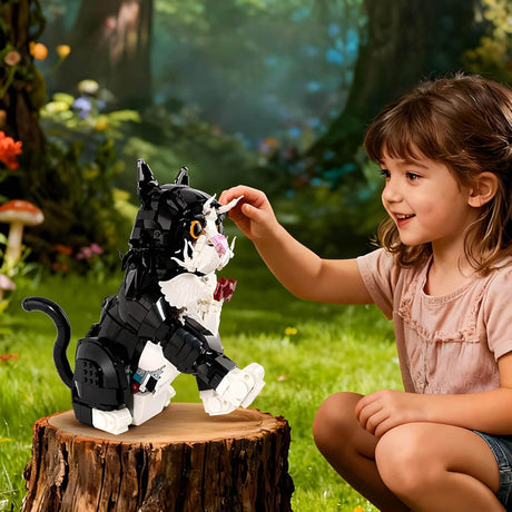 Child playing with Cat Sunflower KQ201 building set featuring an adorable cat design on a tree stump.