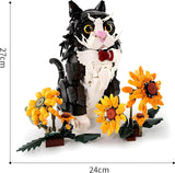 Cat Sunflower KQ201 adorable black and white building block cat model with sunflowers in vibrant colors.