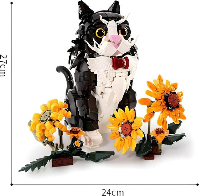 Cat Sunflower KQ201 adorable black and white building block cat model with sunflowers in vibrant colors.
