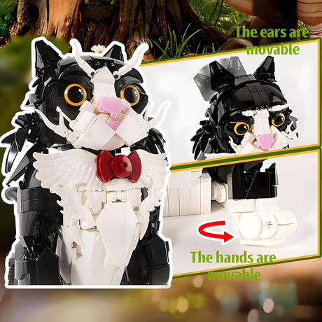 Cat Sunflower KQ201 building blocks with movable ears and hands, showcasing a cute black and white cat design.
