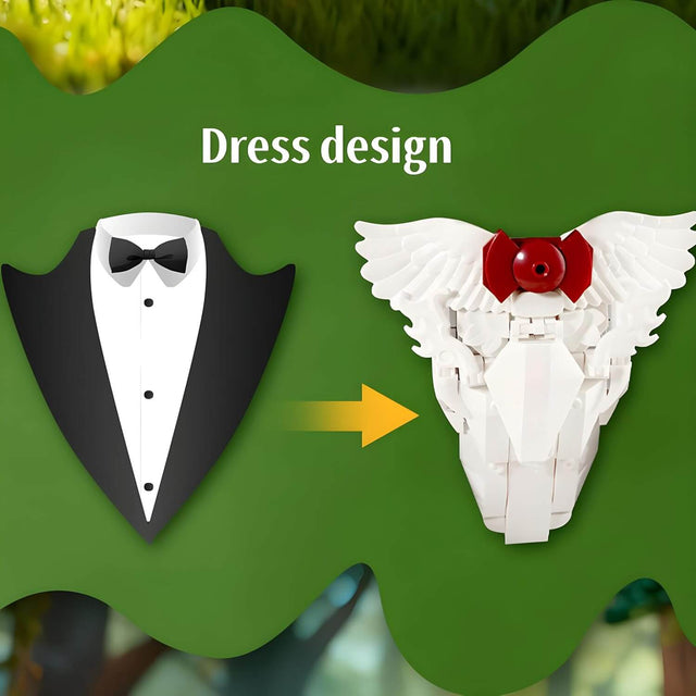 Dress design transformation showcasing a tuxedo and a creative LEGO-style angel figure with wings.